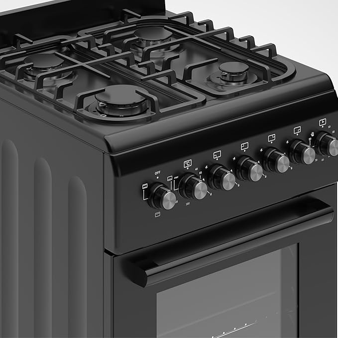 Cooker - Gas Cooker, Versatile 4 Burner Gas Hob, Electric Oven, Smart Cooking Controls & Programs, 50cm Width, Freestanding Design, Black, Ideal For Smaller Kitchens & Couples - C01FS50G17 [Energy Class A]