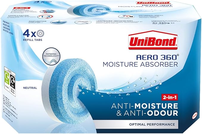 UniBond AERO 360° Moisture Absorber Neutral Refill Tab, ultra-absorbent and odour-neutralising, for AERO 360° Dehumidifier, Condensation Absorbers, 450 g ( Pack of 4)