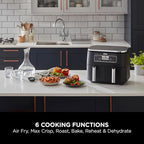 Ninja Foodi Dual Zone Digital Air Fryer, 2 Drawers, 7.6L, 6-in-1, Uses No Oil, Air Fry, Max Crisp, Roast, Bake, Reheat, Dehydrate, Cooks 4-6 Portions, Non-Stick, Dishwasher Safe Baskets, Black AF300UK