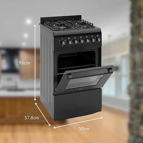 Cooker - Gas Cooker, Versatile 4 Burner Gas Hob, Electric Oven, Smart Cooking Controls & Programs, 50cm Width, Freestanding Design, Black, Ideal For Smaller Kitchens & Couples - C01FS50G17 [Energy Class A]