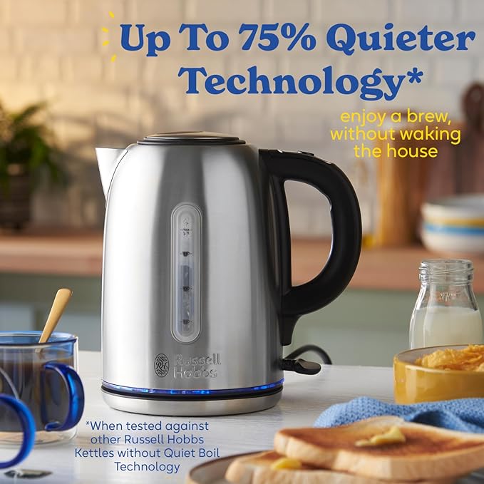 Russell Hobbs Brushed Stainless Steel Electric 1.7L Cordless Kettle (Quiet & Fast Boil 3KW, Removable washable anti-scale filter, Push button lid, Perfect pour spout) 20460