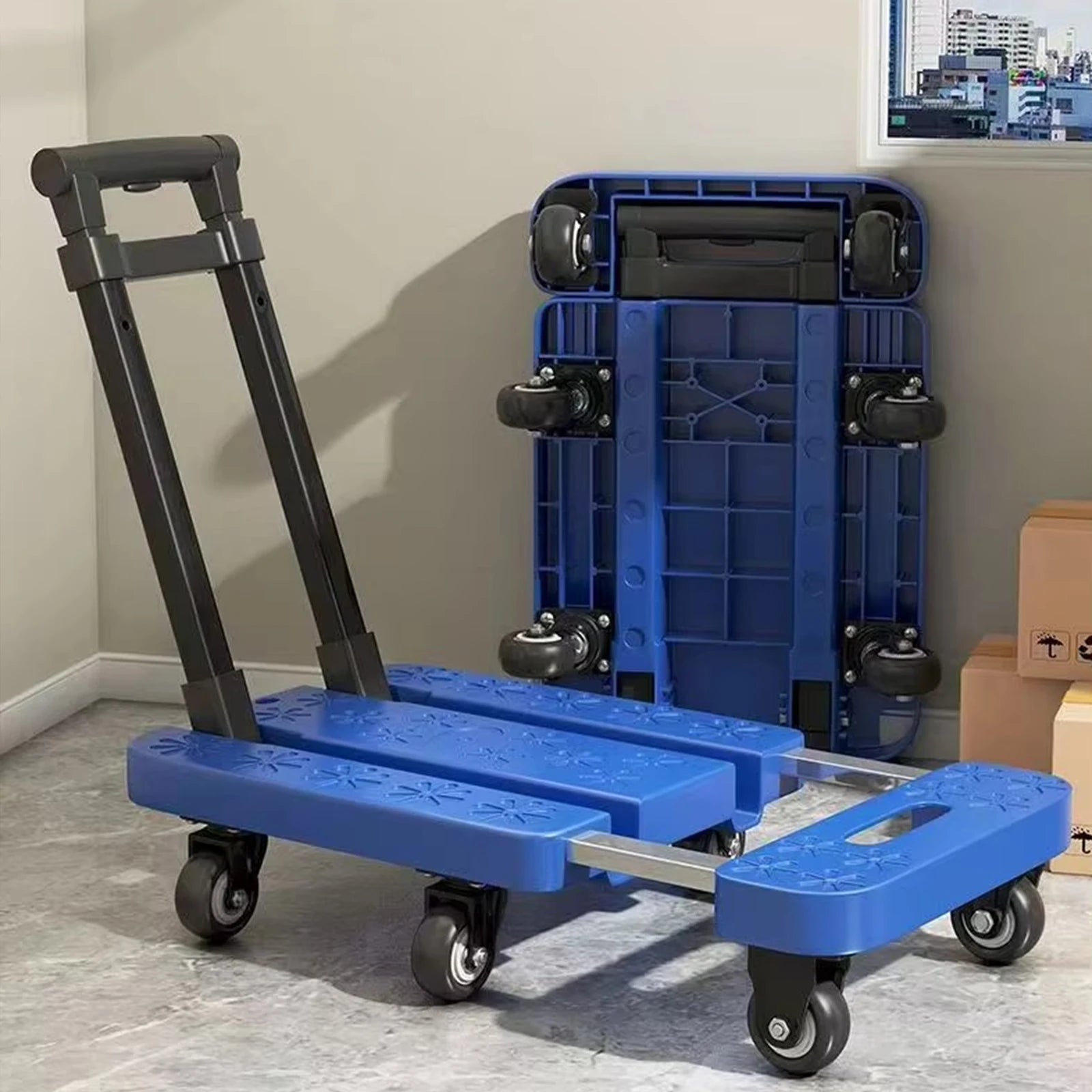 Folding Hand Truck Retractable Hand Carts Trolleys 300 LB Flatbed Transport Cart with 6 Wheels for Luggage and Cargo Handling