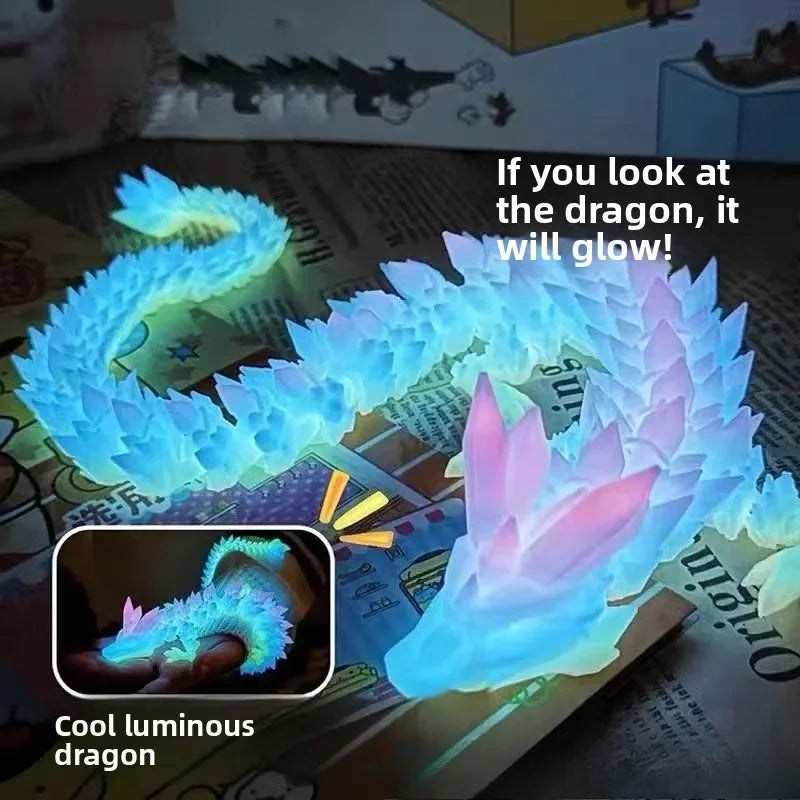 3D Printed Luminous  Dragon Articulated Joints Glow in Dark, Blue White Desktop Night Light Home Decor Kids Gift Bedroom Orn