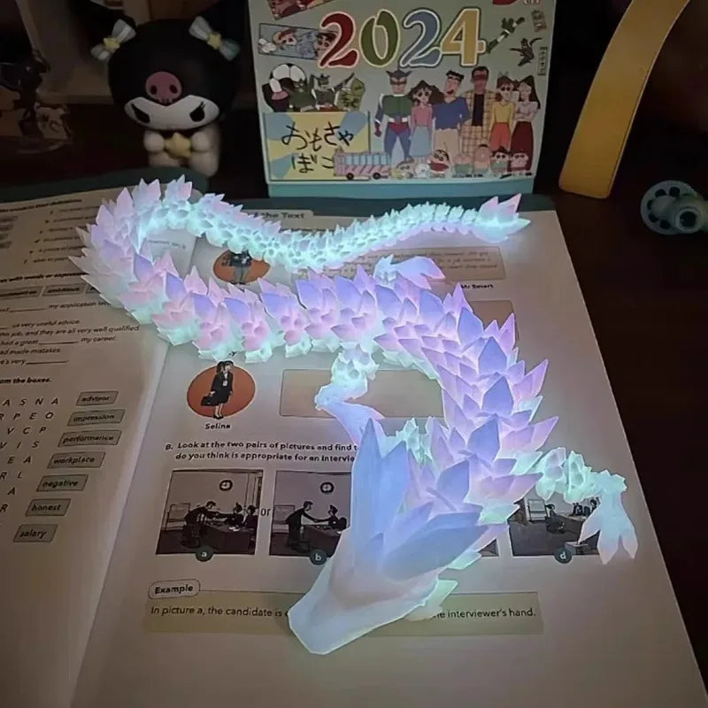 3D Printed Luminous  Dragon Articulated Joints Glow in Dark, Blue White Desktop Night Light Home Decor Kids Gift Bedroom Orn