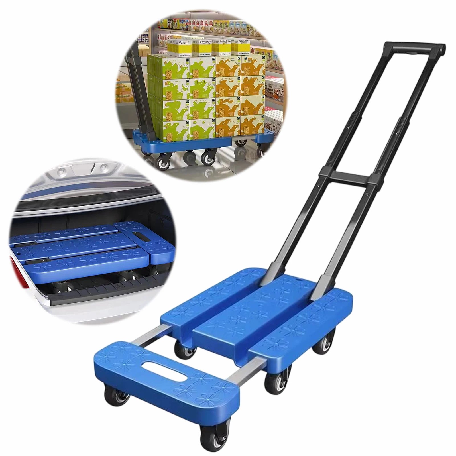 Folding Hand Truck Retractable Hand Carts Trolleys 300 LB Flatbed Transport Cart with 6 Wheels for Luggage and Cargo Handling